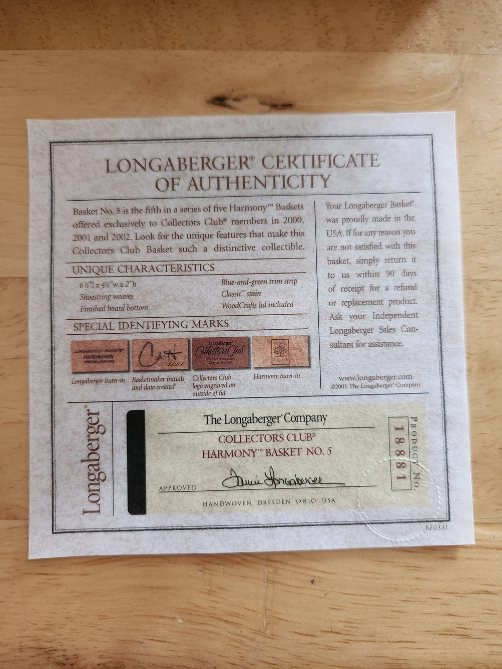 Longaberger Collectors Club No. 5 Harmony Basket